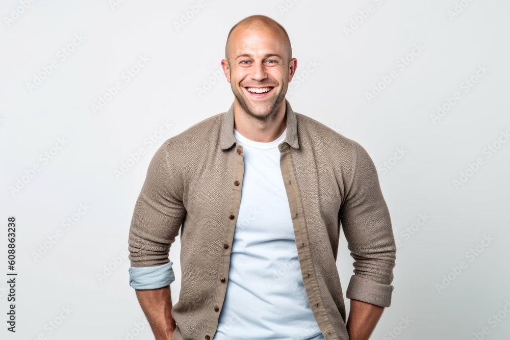 Fototapeta premium Portrait of a happy young man standing with hands in pockets over white background