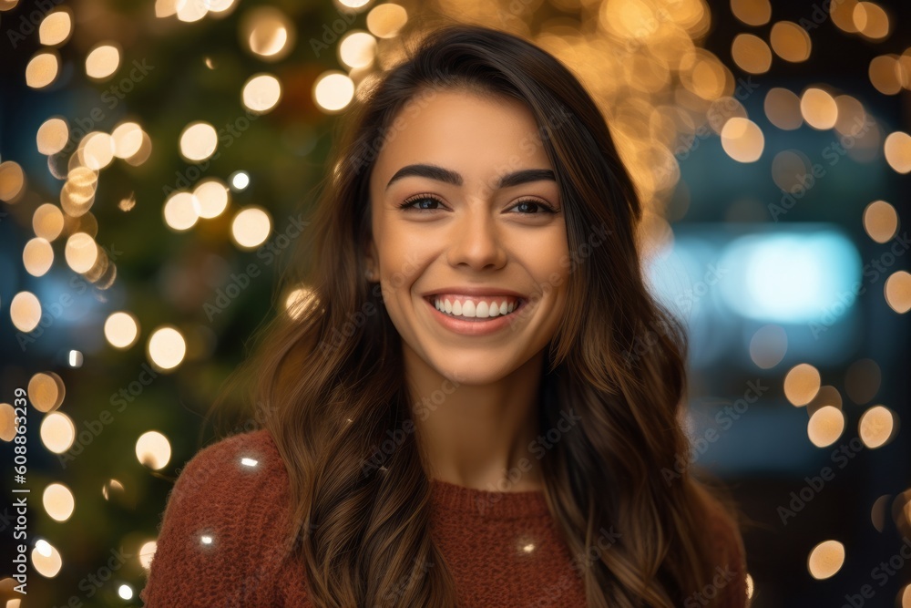 beautiful young woman at christmas tree in orchard with lights beautiful young woman at christmas tree in orchard with lights