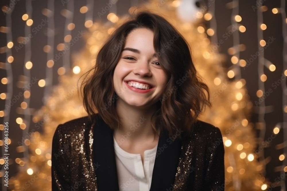 Portrait of a beautiful young woman in a gold jacket on the background of a Christmas tree. Portrait of a beautiful young woman in a gold jacket on the background of a Christmas tree.
