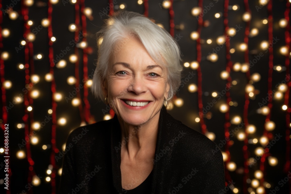 Portrait of a smiling senior woman in a black sweater on a background of Christmas lights