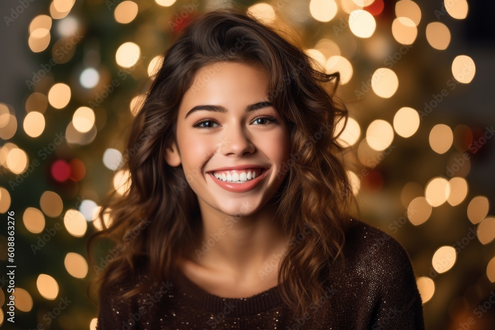 portrait of smiling young woman with christmas tree and lights in background portrait of smiling young woman with christmas tree and lights in background