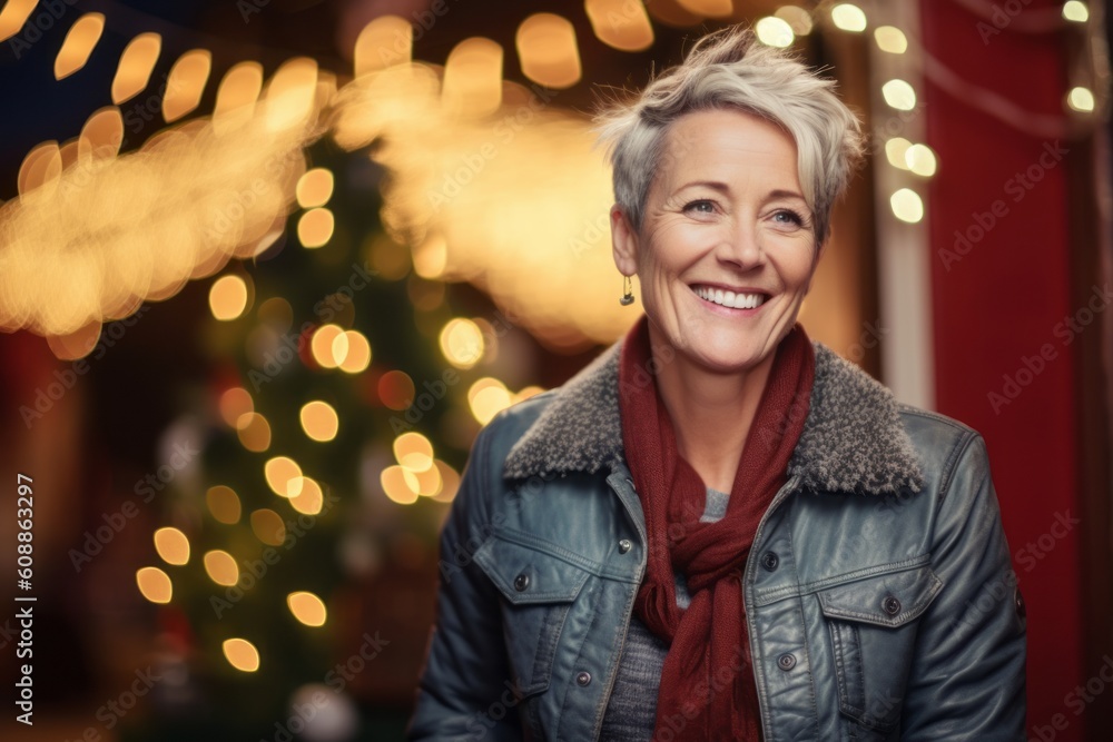 Lifestyle portrait photography of a pleased woman in her 50s that is wearing a denim jacket against a christmas or holiday themed background . Generative AI