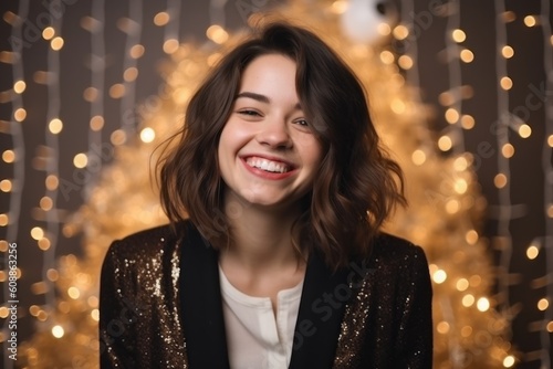 Portrait of a beautiful young woman in a gold jacket on the background of a Christmas tree. © Eber Braun