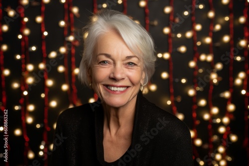 Portrait of a smiling senior woman in a black sweater on a background of Christmas lights