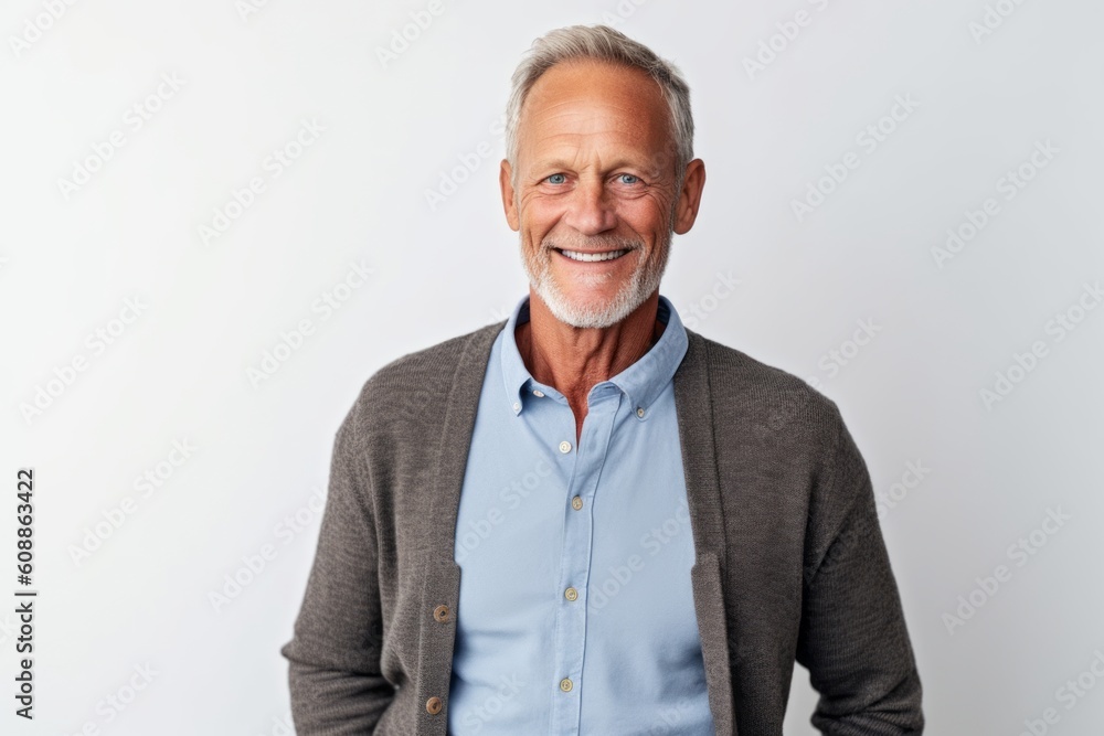 Portrait of a smiling senior man looking at the camera while standing against white background Portrait of a smiling senior man looking at the camera while standing against white background
