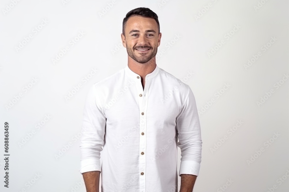 Portrait of handsome man in white shirt smiling at camera while standing against white background Portrait of handsome man in white shirt smiling at camera while standing against white background