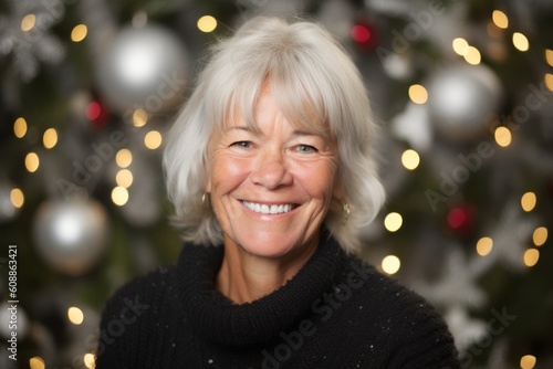 Portrait of a smiling senior woman in front of a Christmas tree