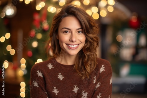 Portrait of a beautiful young woman smiling at the camera in front of a Christmas tree