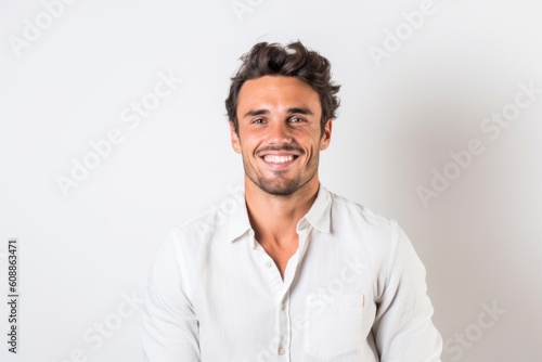 Group portrait photography of a pleased man in his 30s that is wearing a simple tunic against a white background . Generative AI © Robert MEYNER