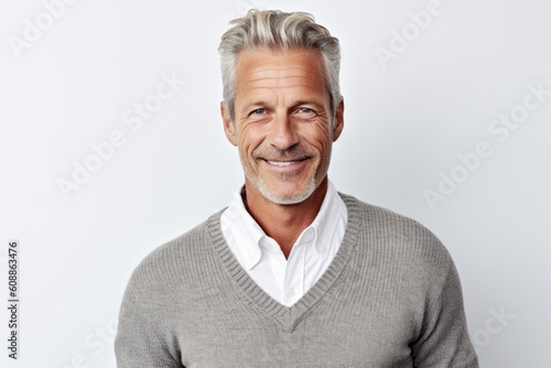 Portrait of handsome senior man with grey hair smiling at camera.