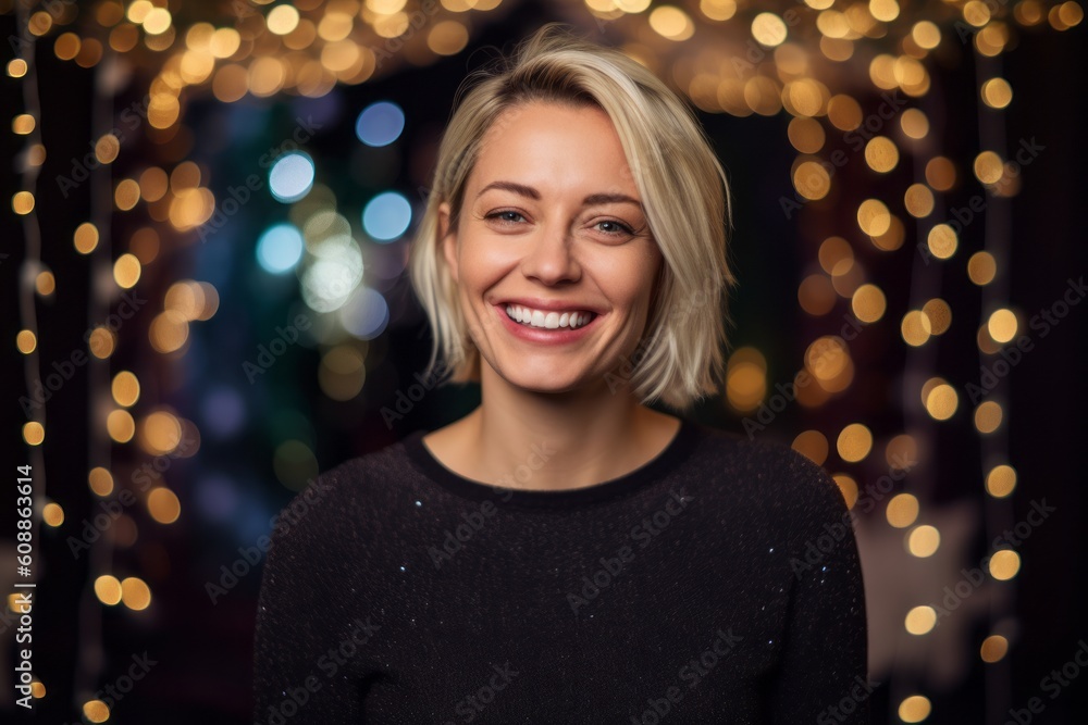 Portrait of a beautiful woman in a black sweater on a background of Christmas lights Portrait of a beautiful woman in a black sweater on a background of Christmas lights