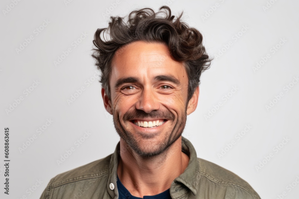 Obraz premium Portrait of a handsome man with long curly hair smiling and looking at camera