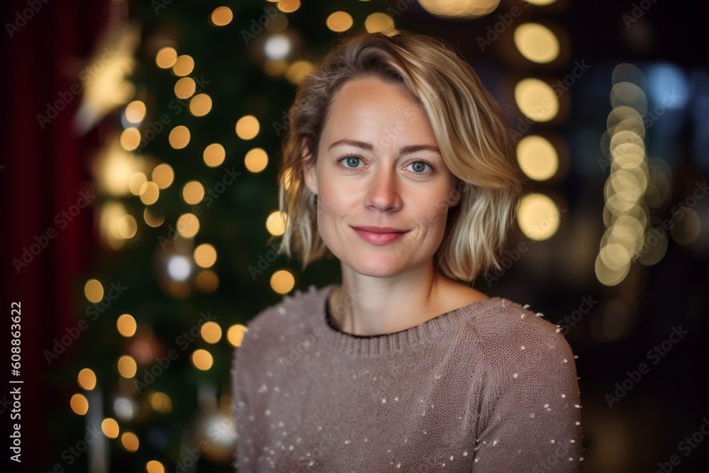 Portrait of beautiful young woman in front of christmas tree at home