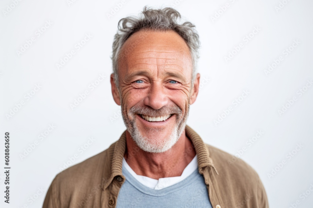 Portrait of happy senior man smiling at camera over white background.