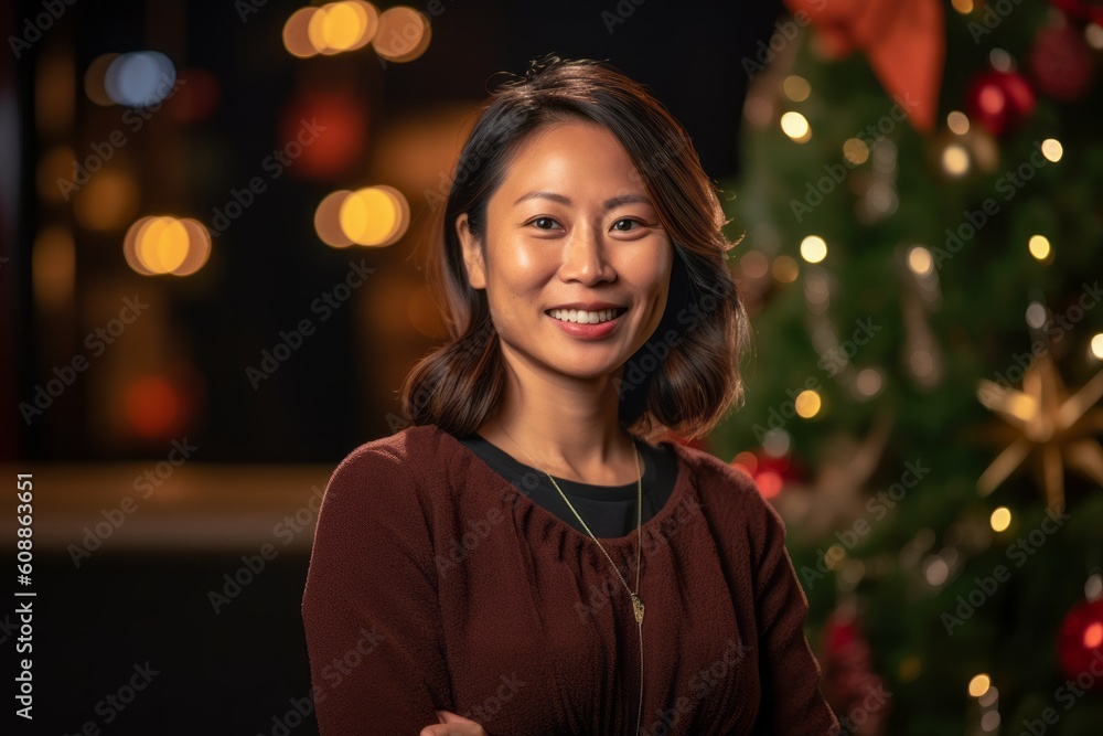 portrait of smiling asian woman with christmas tree in background portrait of smiling asian woman with christmas tree in background