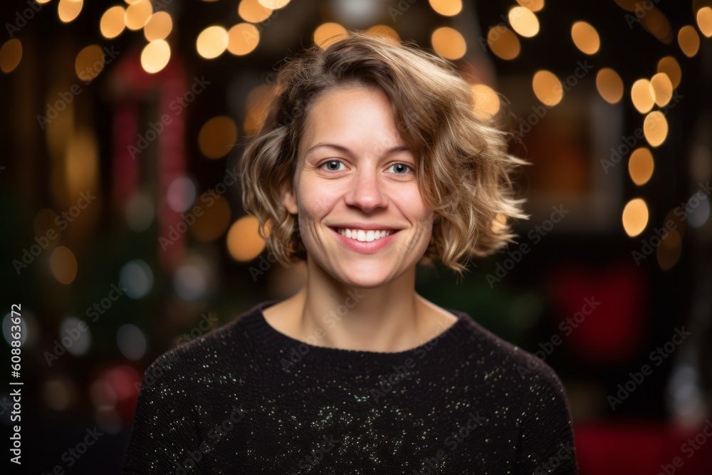 Portrait of a young woman in a black sweater on a background of Christmas lights Portrait of a young woman in a black sweater on a background of Christmas lights