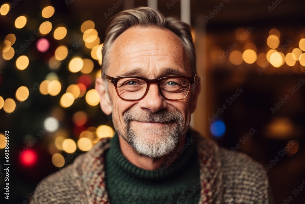 Portrait of a smiling senior man wearing eyeglasses against christmas lights