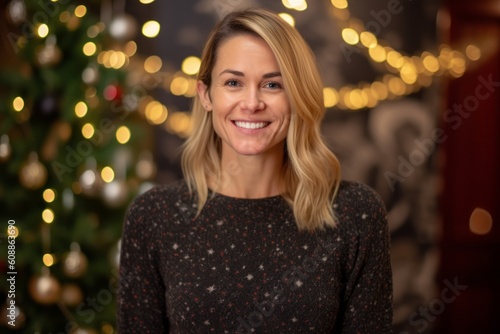 Portrait of a beautiful woman in front of a christmas tree