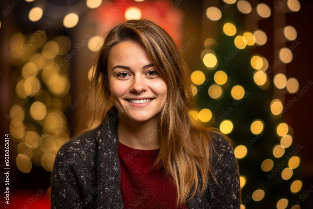 Beautiful girl with christmas tree in the background, defocused lights Beautiful girl with christmas tree in the background, defocused lights