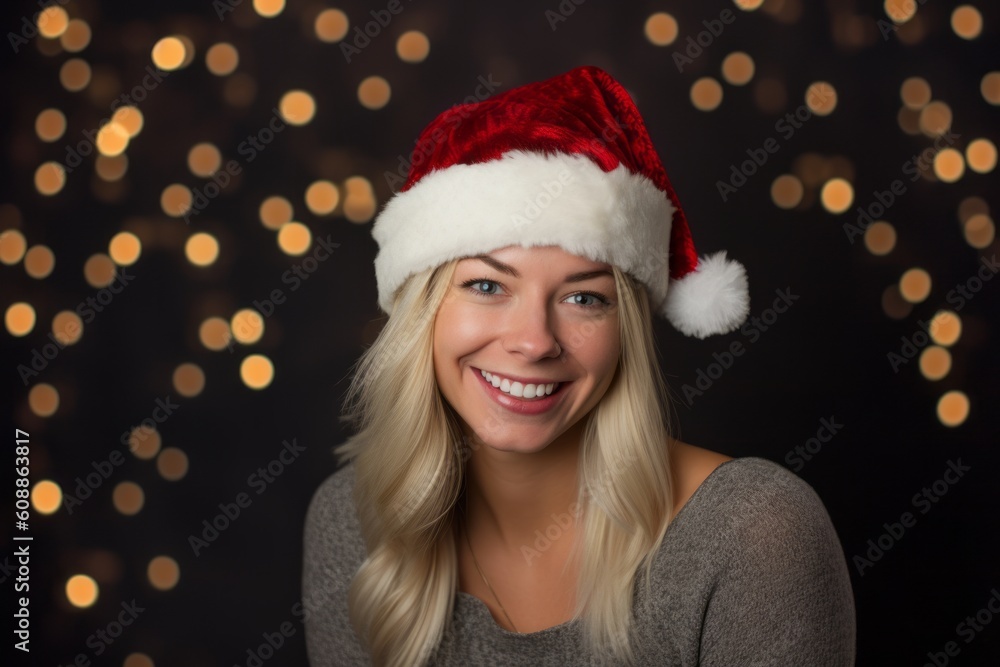 Portrait of a beautiful young woman in santa hat on christmas background Portrait of a beautiful young woman in santa hat on christmas background