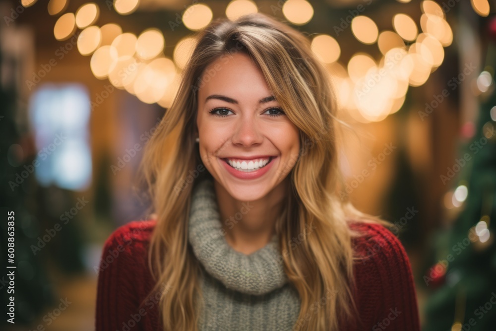 Portrait of a beautiful young woman smiling at the camera with a Christmas tree in the background Portrait of a beautiful young woman smiling at the camera with a Christmas tree in the background