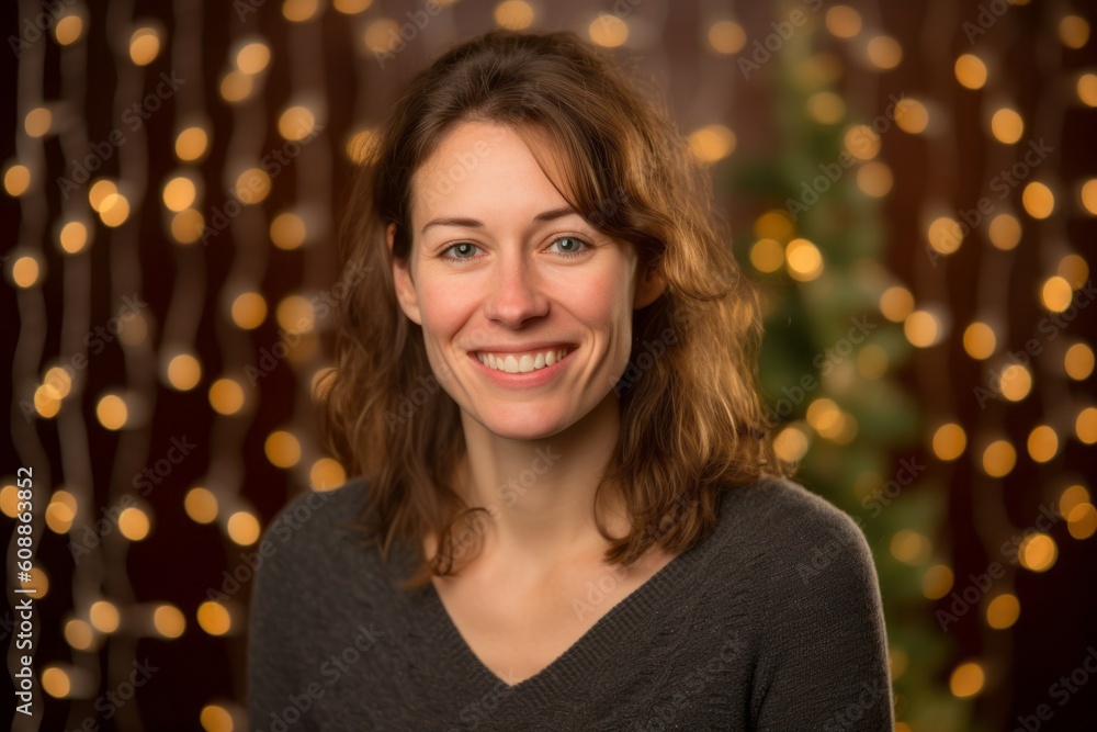 Portrait of a young woman with christmas lights in the background Portrait of a young woman with christmas lights in the background