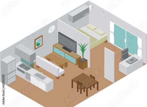 アイソメトリックなリビングと部屋のイラスト