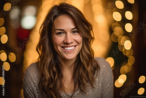 Portrait of a beautiful young woman on a background of Christmas lights