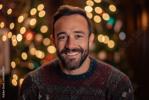 Portrait of a handsome young man with a beard on a background of a Christmas tree.