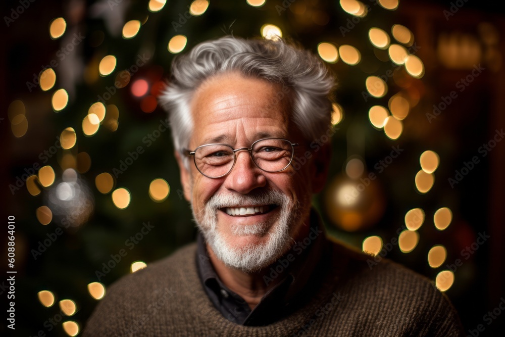 Close up portrait of a senior man with glasses against the background of a Christmas tree