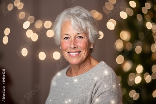 smiling senior woman with christmas lights in the background at home