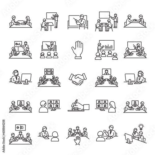 会議、ミーティング、オンライン会議のアイコンセット
