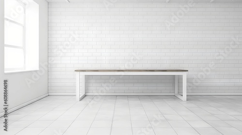 A white room with a white table. Generative AI. 