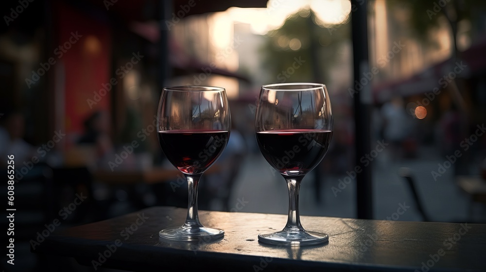 Two glasses of red wine in a beautiful setting. Generative AI. Two glasses of red wine in a beautiful setting. Generative AI.