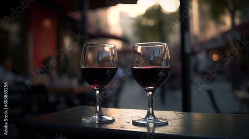 Two glasses of red wine in a beautiful setting. Generative AI. 