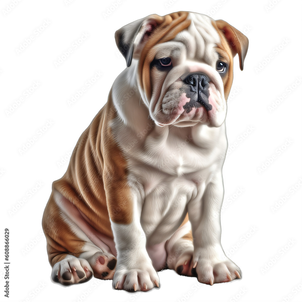 A brown and white english bulldog puppy sitting on a transparent background png isolated Generative Ai