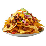 A white plate topped with nachos covered in cheese on a transparent background png isolated  Generative Ai
