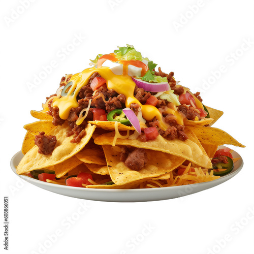 A white plate topped with nachos covered in cheese on a transparent background png isolated  Generative Ai