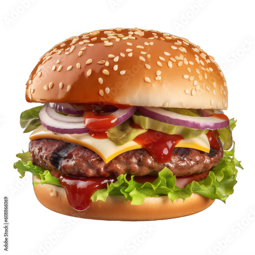 A hamburger with cheese, onions, lettuce and ketchup on a transparent background png isolated Generative Ai