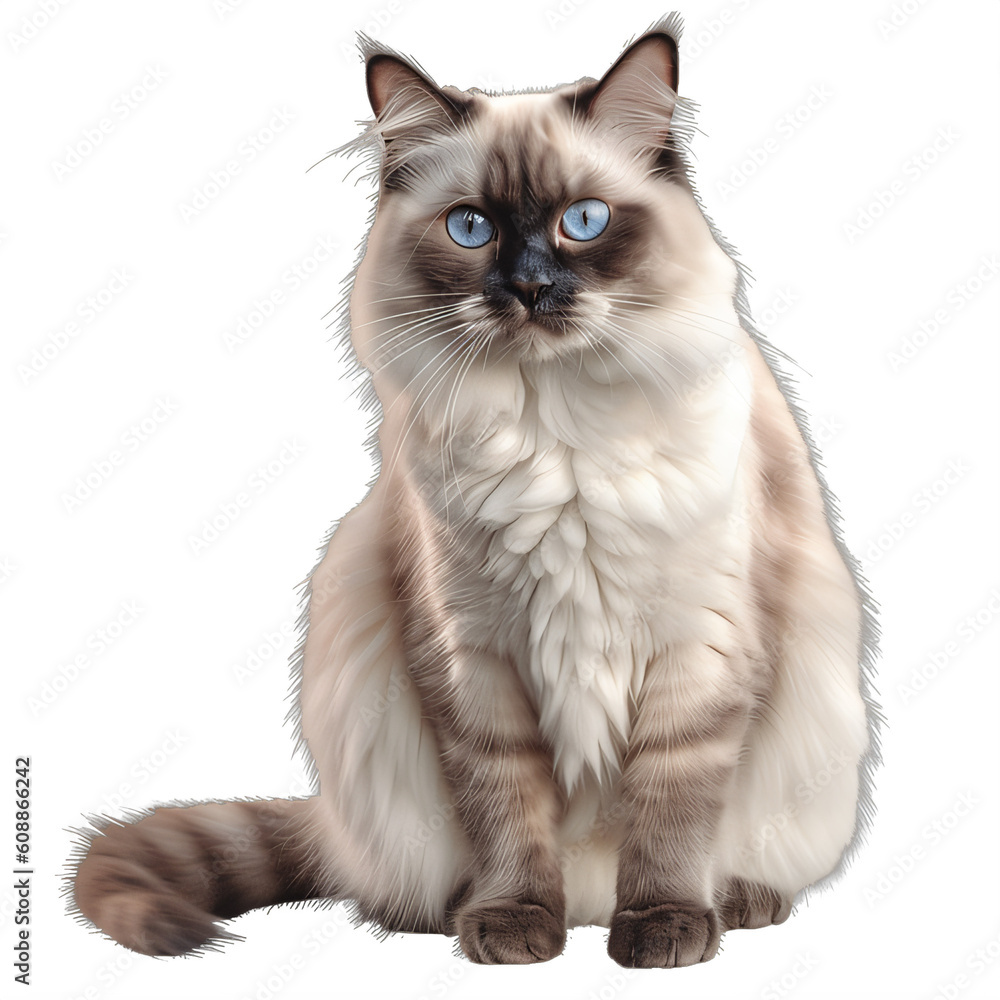 A Ragdoll cat with blue eyes sitting down on a transparent background png isolated Generative Ai
