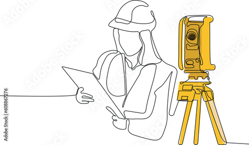 Close up of Caucasian worker with helmet on head using tablet for work while standing in warehouse. Surveyor with a tripod icon. Geodesic tripod. Vector illustration