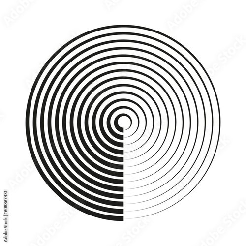 Concentric, radial circles. Radiating, circular spiral, vortex lines. Rays, beams, signal burst design. Merging rippled lines. Converging rings. Vector illustration.