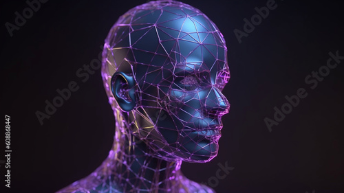 3D rendered classic sculpture human avatar with network of low-poly glowing purple lines.