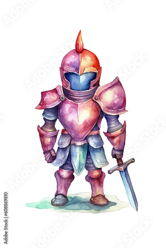 Knight in full armor watercolor clipart isolated on white background