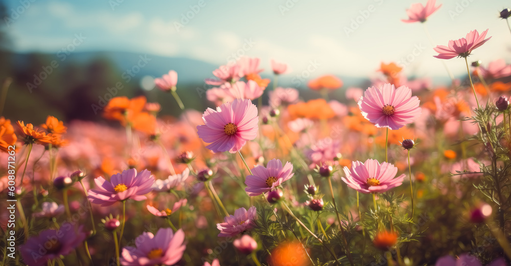 Fields full of flowers in summertime, soft color fields, light orange and pink, landscape-focused, light yellow and pink. Generative Ai.