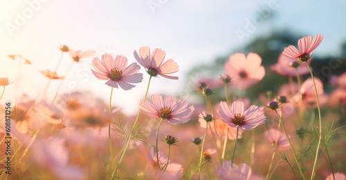 Fields full of flowers in summertime, soft color fields, light orange and pink, landscape-focused, light yellow and pink. Generative Ai.