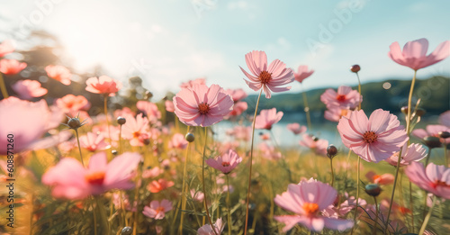 Fields full of flowers in summertime  soft color fields  light orange and pink  landscape-focused  light yellow and pink. Generative Ai.