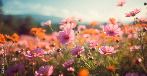 Fields full of flowers in summertime, soft color fields, light orange and pink, landscape-focused, light yellow and pink. Generative Ai. © Saulo Collado
