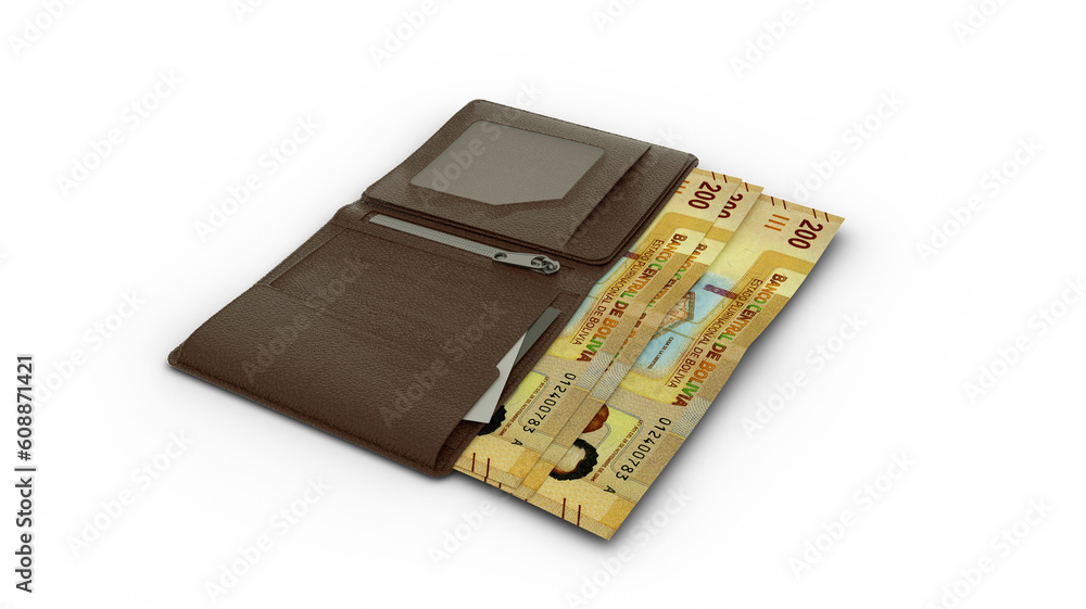 3D rendering of Bolivian boliviano notes in wallet
3D rendering of Bolivian boliviano notes in wallet