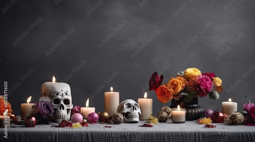 skulls, candles and flowers on black background for Day of the Dead sale banner skulls, candles and flowers on black background for Day of the Dead sale banner